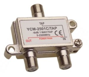 Spliter/distribuitor TAP de semnal  1*IN-2*OUT(atenuare de 1/6dB), in banda de 5-2500Mhz, DC pass